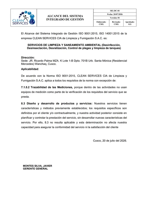 Documento SIG-DC-01: Alcance del Sistema Integrado de Gestión de Clean Services