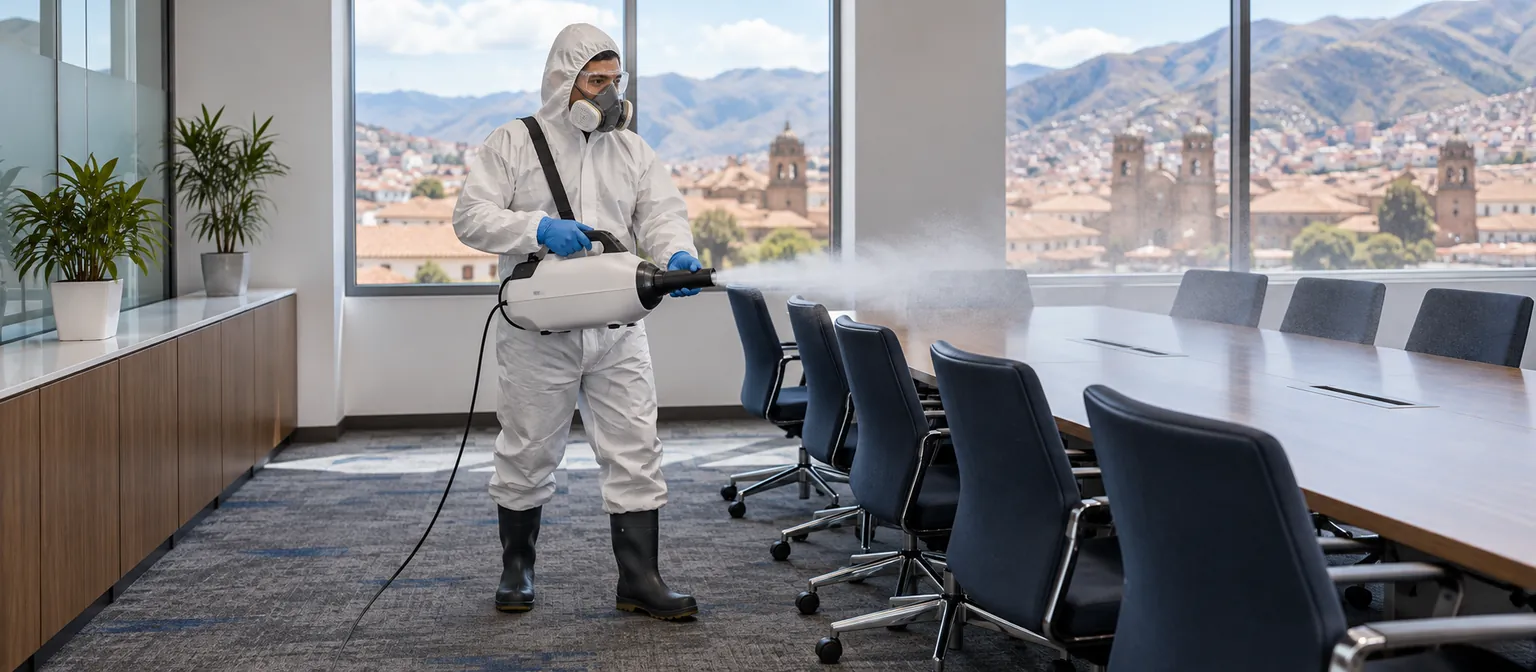 Técnico con equipo de protección nebulizando una sala de reuniones vacía.