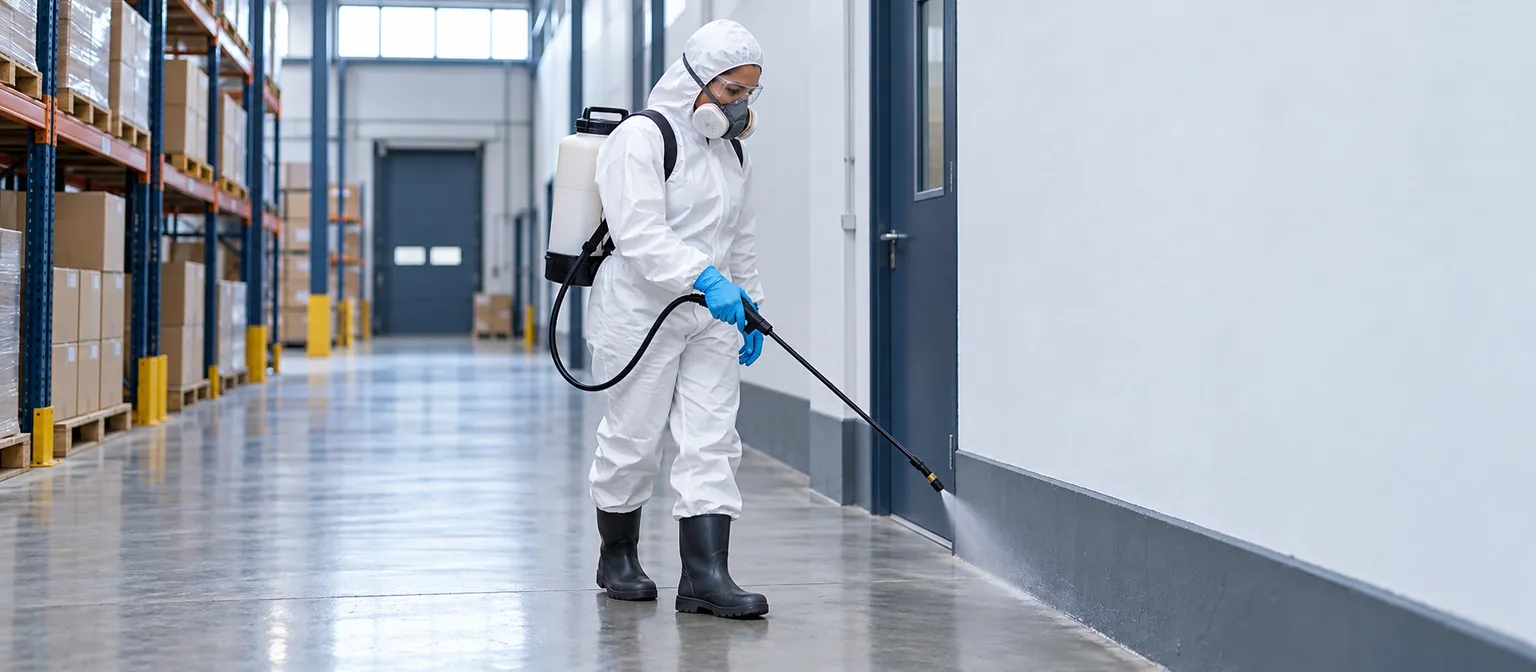 Técnica con mochila aspersora aplicando tratamiento en un almacén.