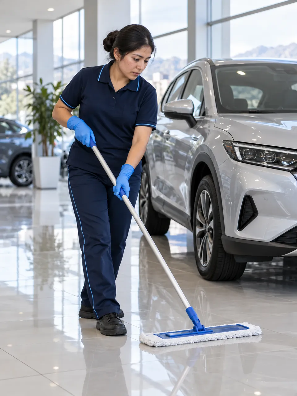 Operaria limpiando el piso de un showroom automotriz con una mopa plana.
