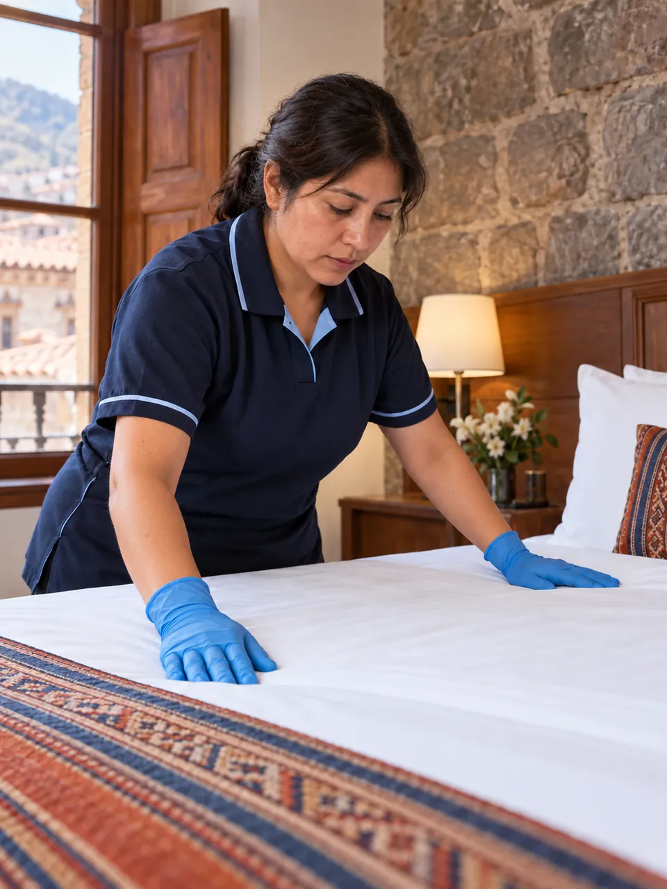 Operaria alisando la ropa de cama en una habitación de hotel.