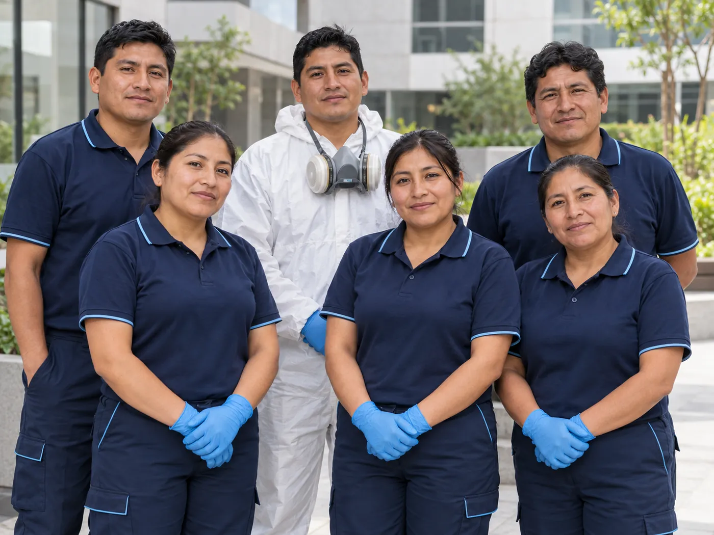 Grupo de seis profesionales de limpieza y saneamiento ambiental.