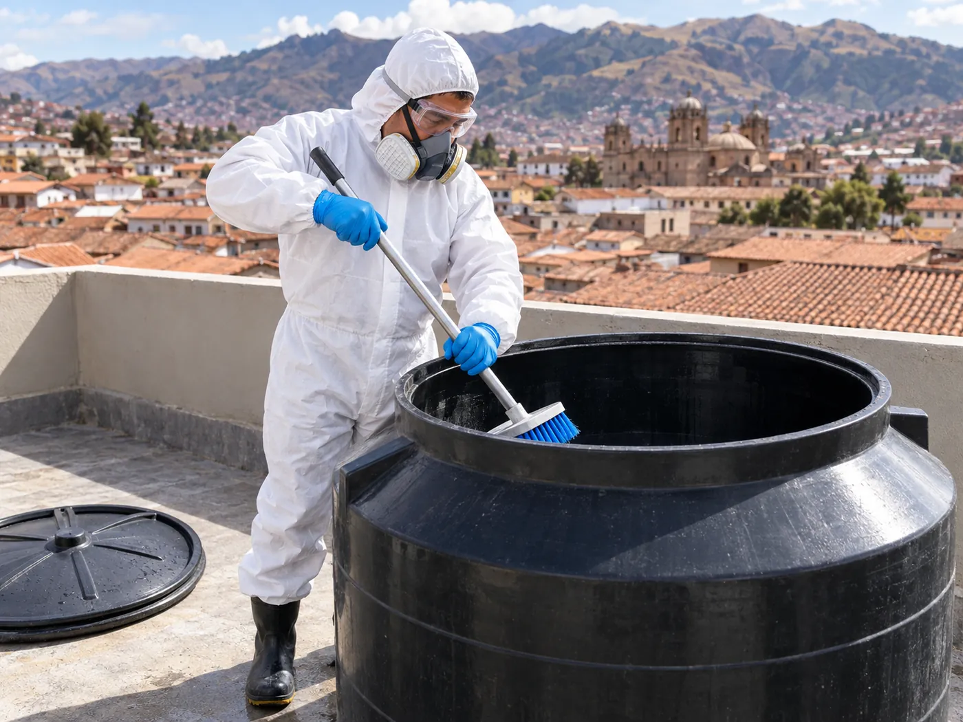 Técnico con equipo de protección cepillando el interior de un tanque de agua.