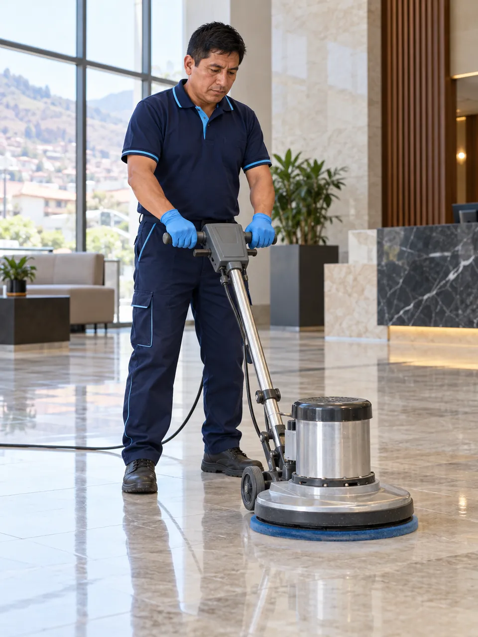 Operario utilizando una pulidora rotativa en un lobby corporativo.