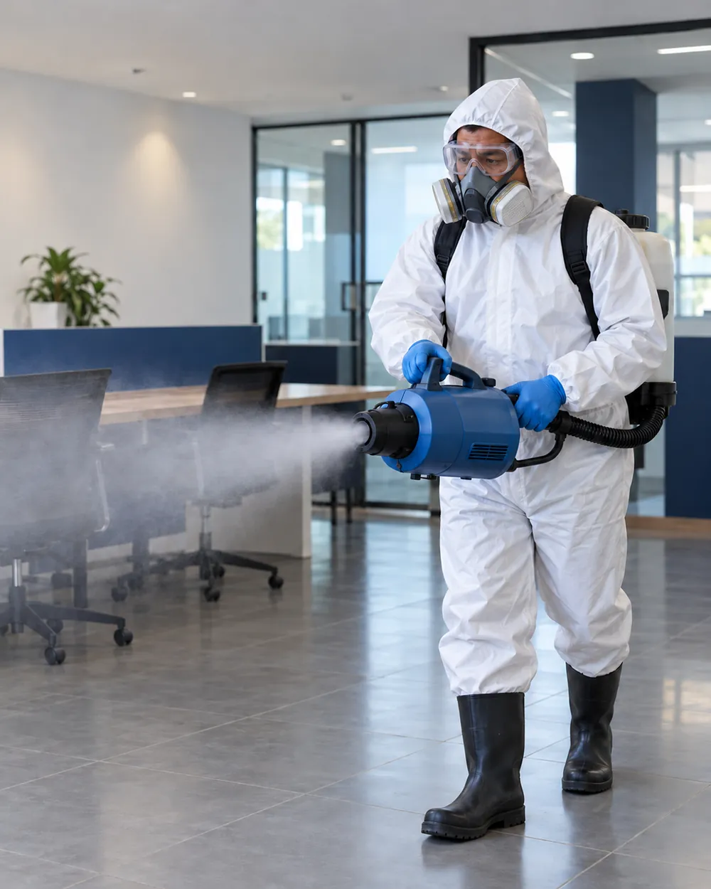 Técnico con equipo de protección nebulizando un ambiente de oficina vacío.