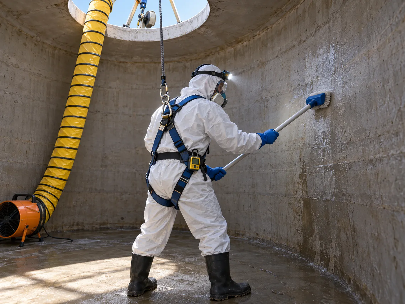 Técnico con arnés y línea de vida cepillando una cisterna de concreto vaciada.