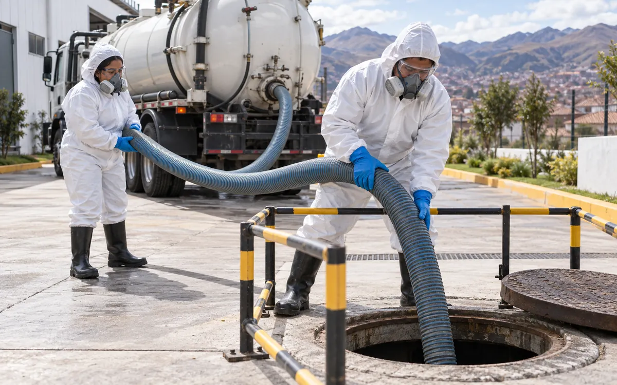 Dos técnicos manejando una manguera de succión junto a un acceso de tanque séptico.