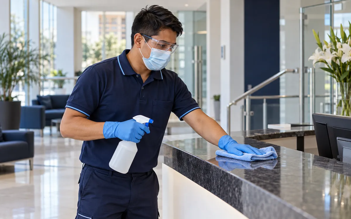Operario con guantes, mascarilla y lentes limpiando un counter de recepción.