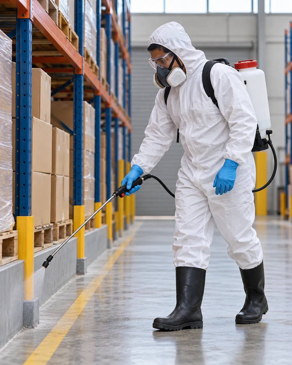 Técnico con mochila aspersora aplicando tratamiento en un pasillo de almacén.