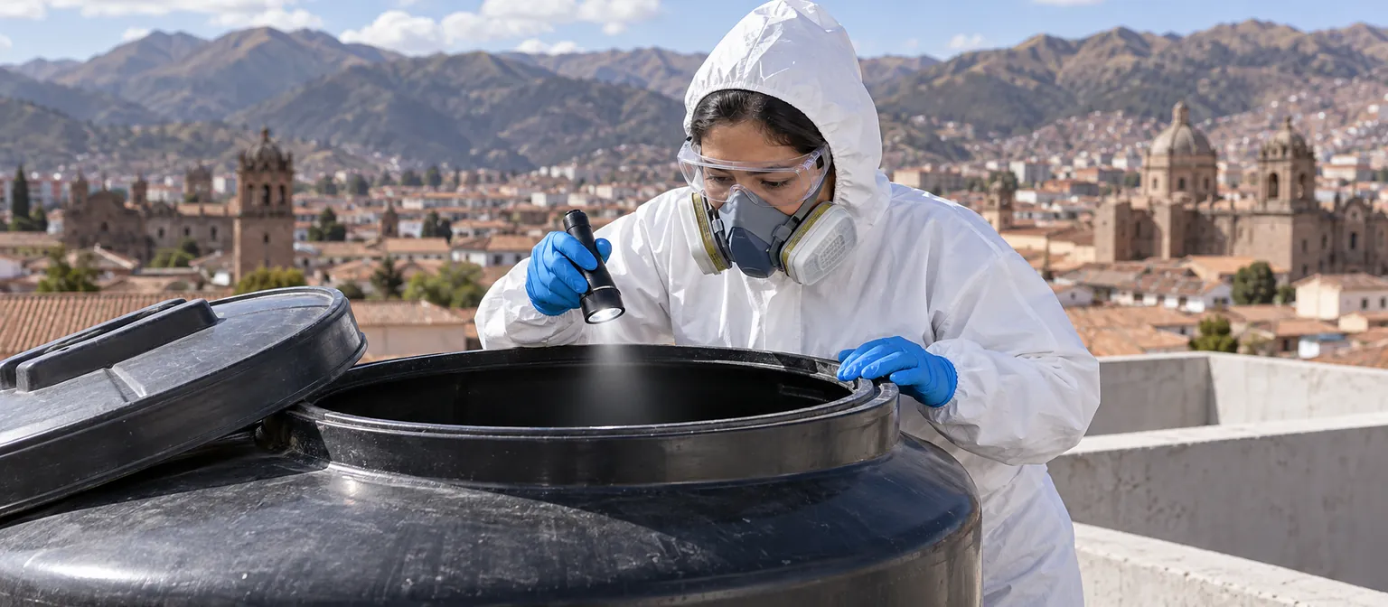 Técnica con equipo de protección inspeccionando un tanque de agua abierto con una linterna.
