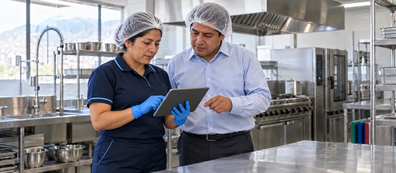 Supervisora y encargado revisando una tableta en una cocina industrial limpia.