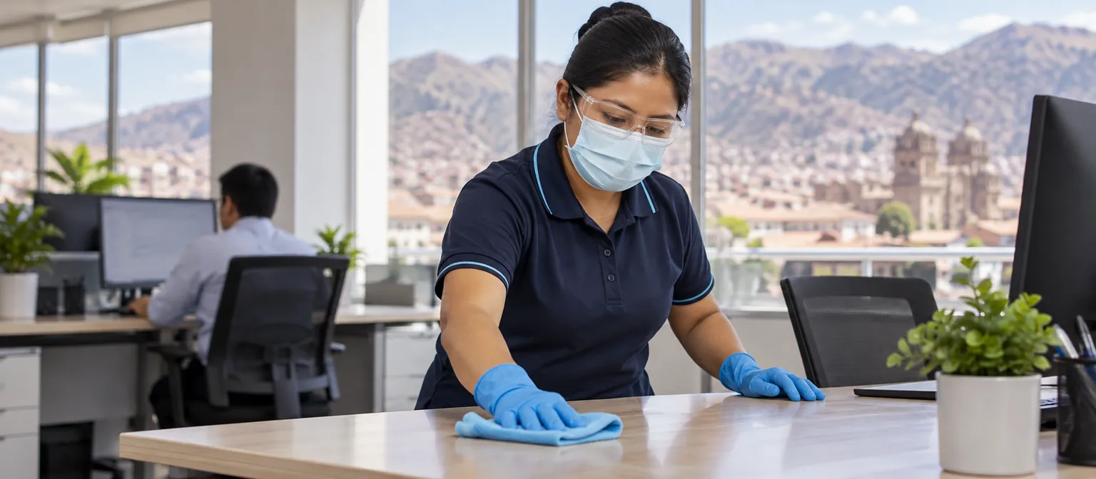 Operaria con guantes y mascarilla limpiando un escritorio en una oficina ocupada.